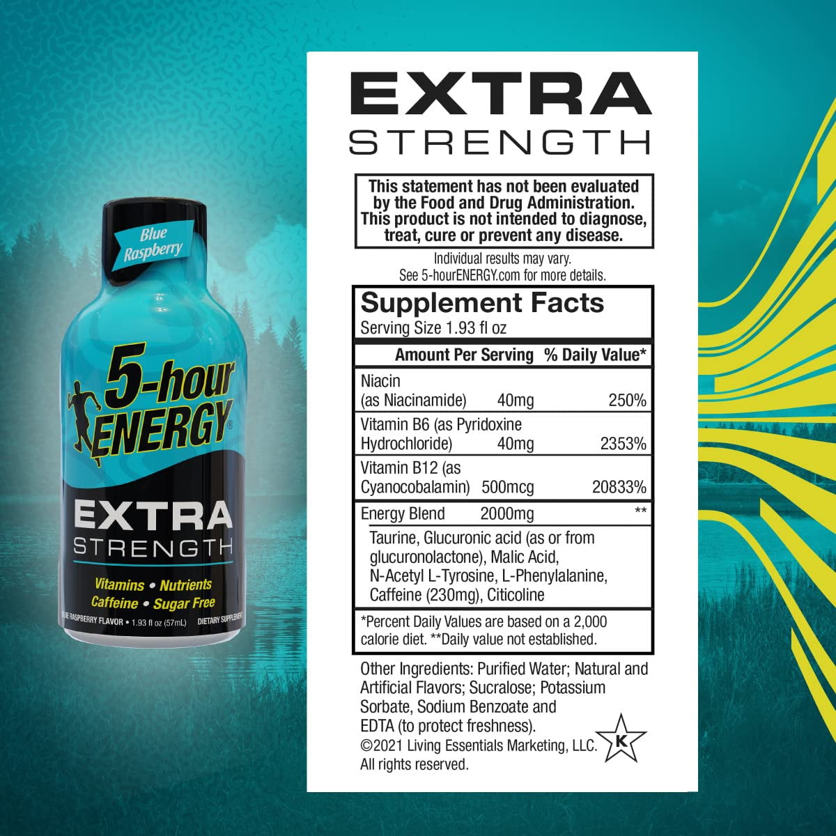 5-HOUR ENERGY EXTRA STRENGTH BLUE RASPBERRY ENERGY SHOT 1.93 OZ 24 COUNT SUGAR-FREE ZERO CALORIES B-VITAMINS AMINO ACIDS 230MG CAFFEINATED DIETARY SUPPLEMENT