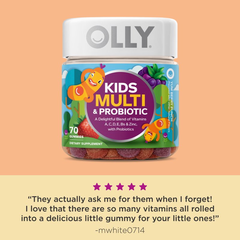 OLLY KIDS MULTIVITAMIN PROBIOTIC GUMMY DAILY DIGESTIVE SUPPLEMENT ZINC BERRY FLAVOR 70 CT