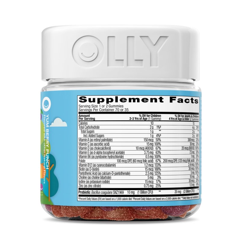 OLLY KIDS MULTIVITAMIN PROBIOTIC GUMMY DAILY DIGESTIVE SUPPLEMENT ZINC BERRY FLAVOR 70 CT