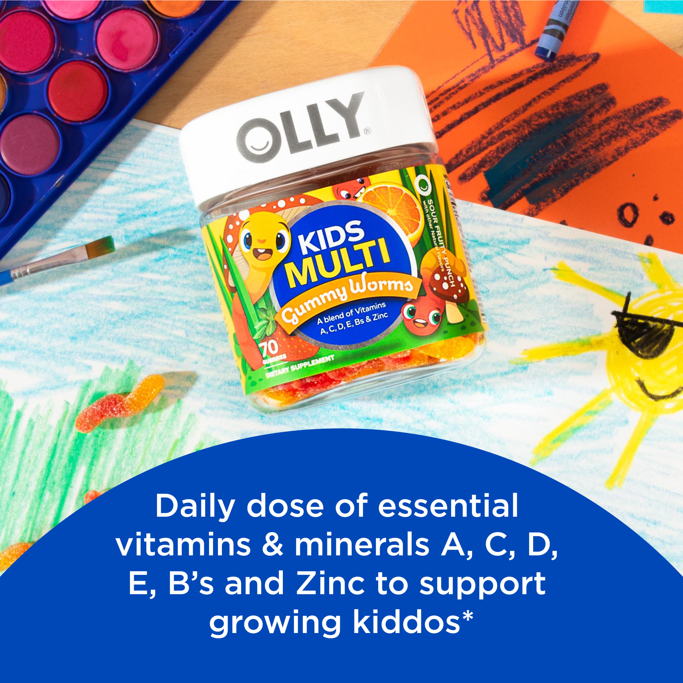 OLLY KIDS MULTIVITAMIN GUMMY WORM SUPPLEMENT VITAMINS A C D ZINC SOUR FRUIT PUNCH 70 CT