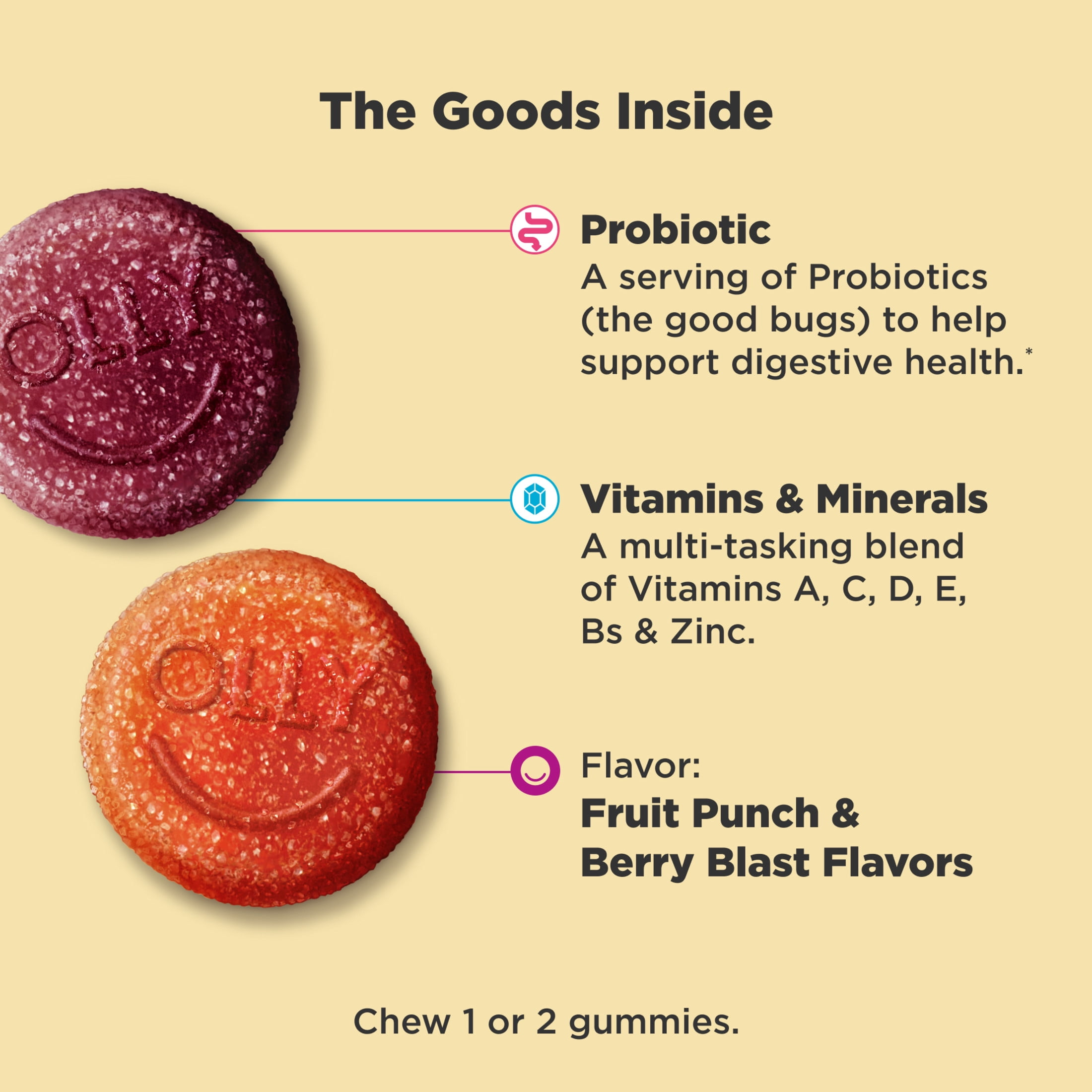 OLLY KIDS MULTIVITAMIN PROBIOTIC GUMMY DAILY DIGESTIVE SUPPLEMENT ZINC BERRY FLAVOR 100 CT