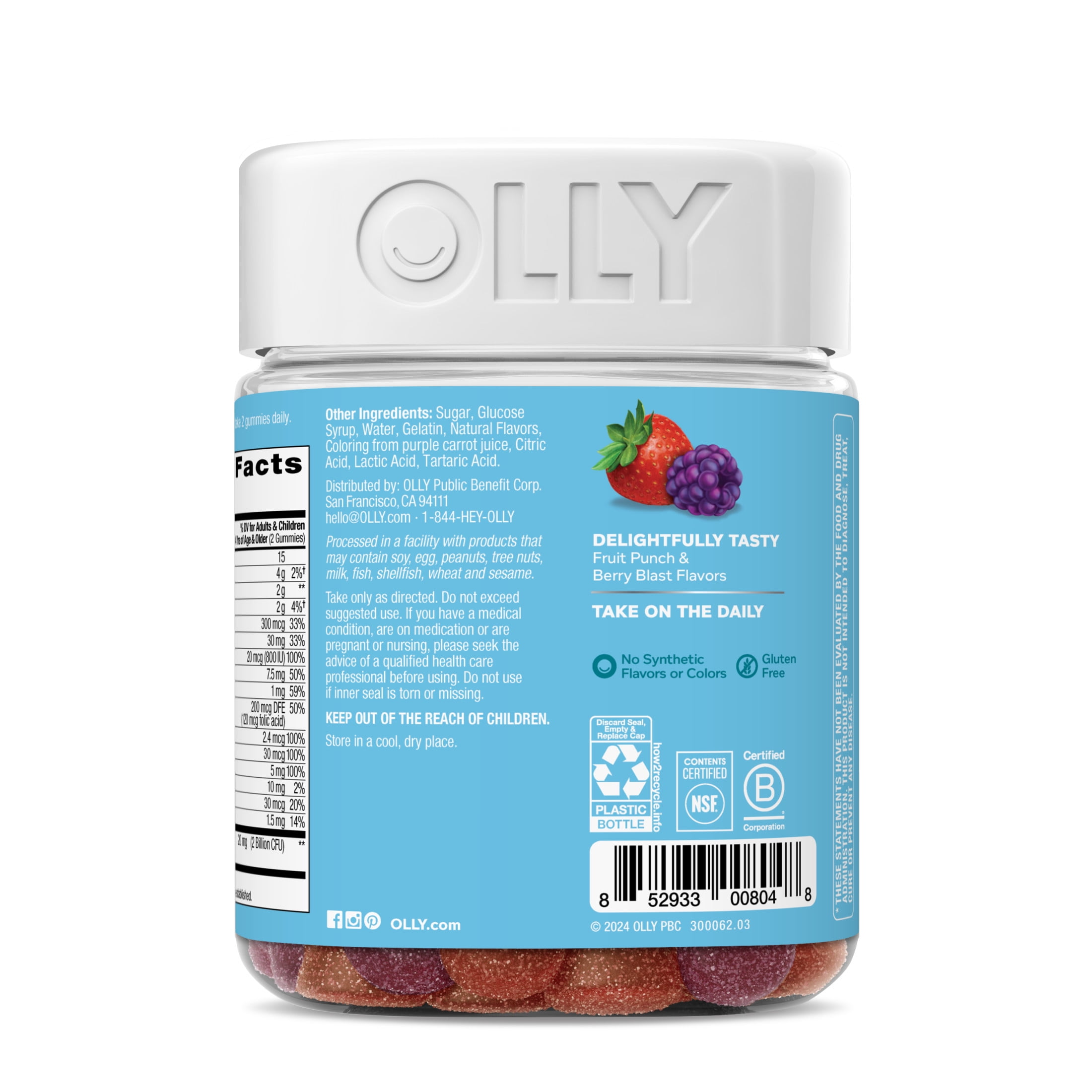 OLLY KIDS MULTIVITAMIN PROBIOTIC GUMMY DAILY DIGESTIVE SUPPLEMENT ZINC BERRY FLAVOR 100 CT