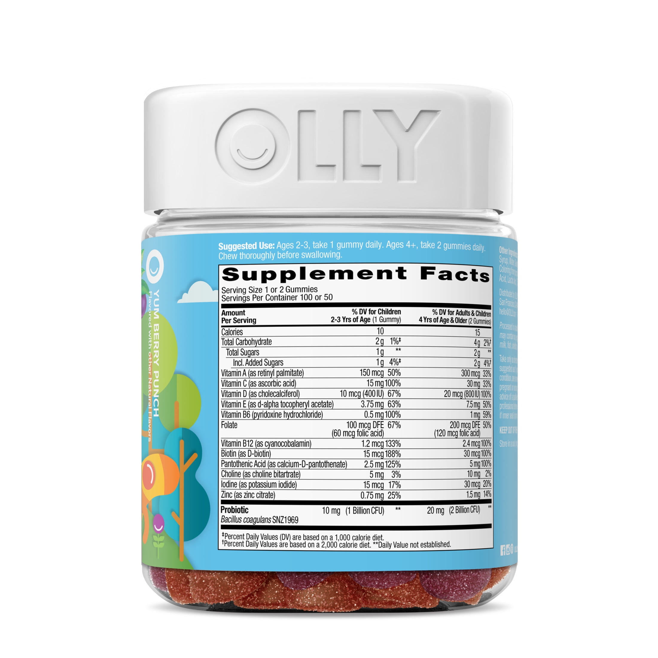 OLLY KIDS MULTIVITAMIN PROBIOTIC GUMMY DAILY DIGESTIVE SUPPLEMENT ZINC BERRY FLAVOR 100 CT