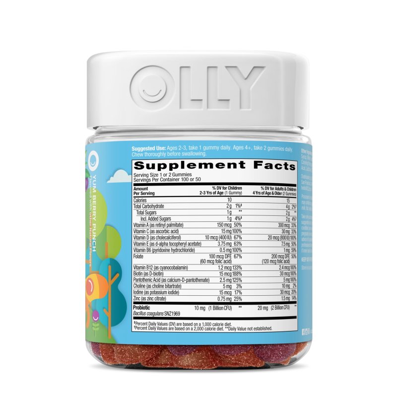 OLLY KIDS MULTIVITAMIN PROBIOTIC GUMMY DAILY DIGESTIVE SUPPLEMENT ZINC BERRY FLAVOR 100 CT