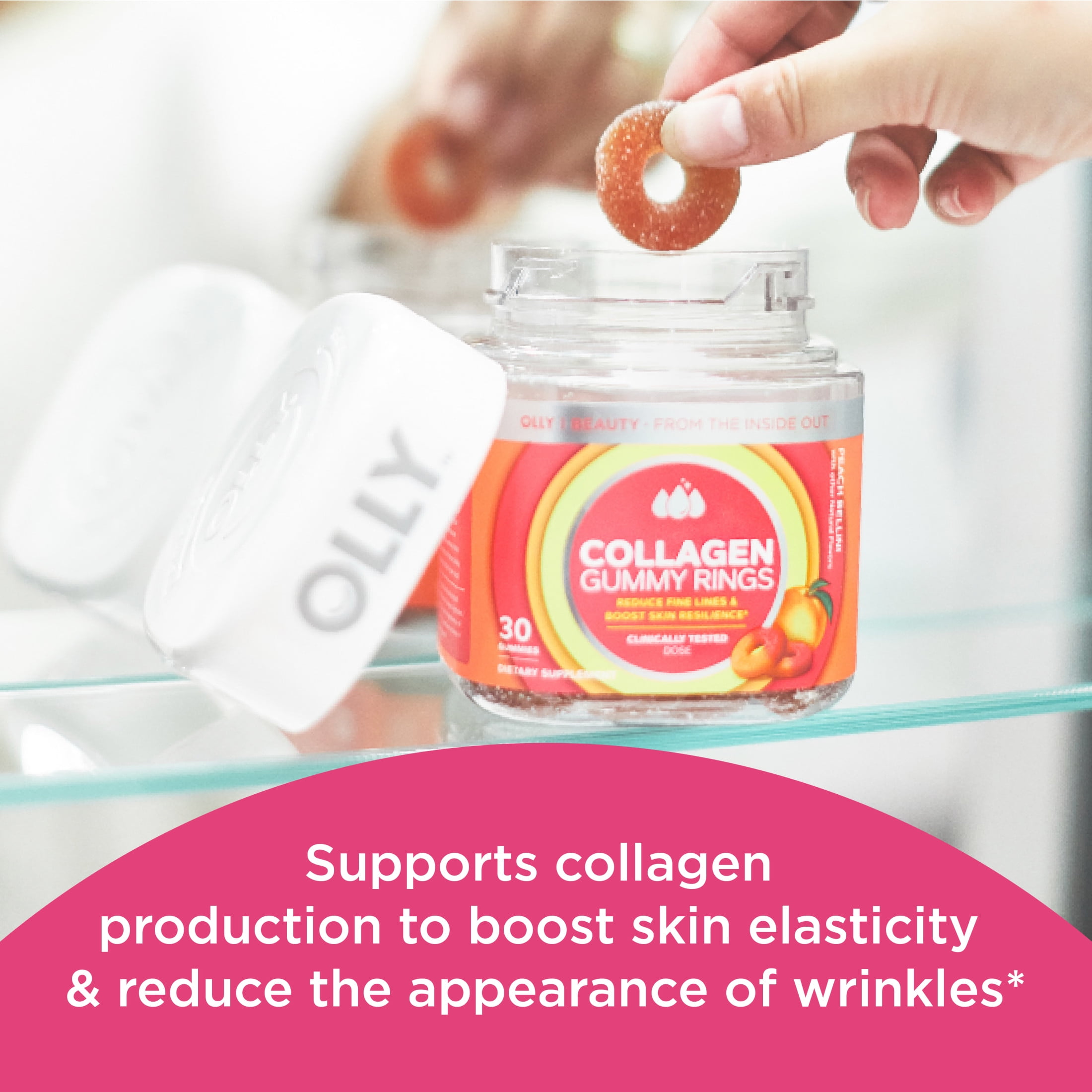 OLLY COLLAGEN GUMMY RINGS SUPPLEMENT SUPPORTS SKIN ELASTICITY 2.5G COLLAGEN PEACH 30 CT