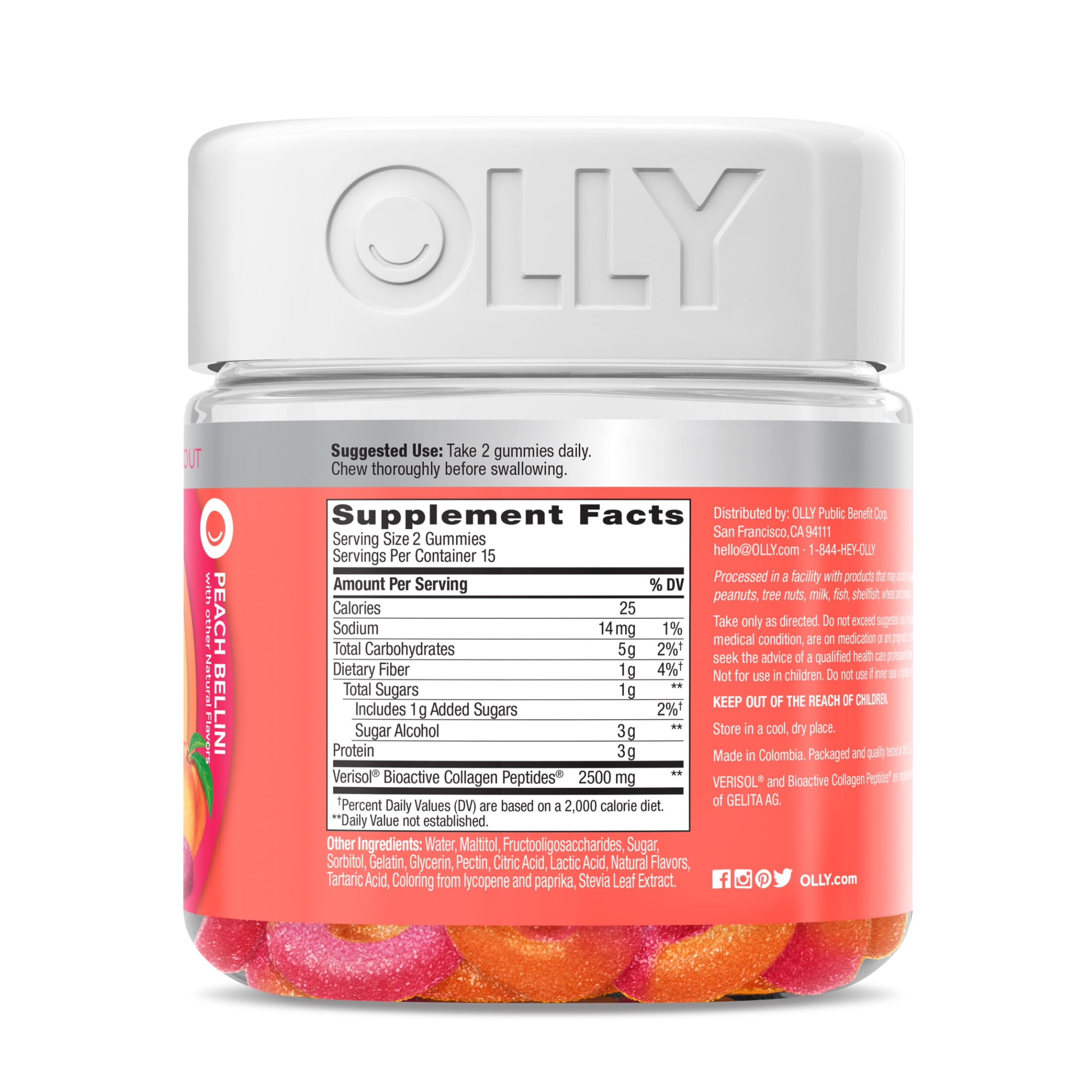 OLLY COLLAGEN GUMMY RINGS SUPPLEMENT SUPPORTS SKIN ELASTICITY 2.5G COLLAGEN PEACH 30 CT