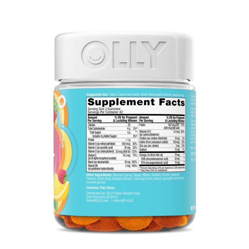 OLLY PRENATAL MULTIVITAMIN GUMMY WOMEN FOLIC ACID VITAMIN D OMEGA 3 DHA 84 CT