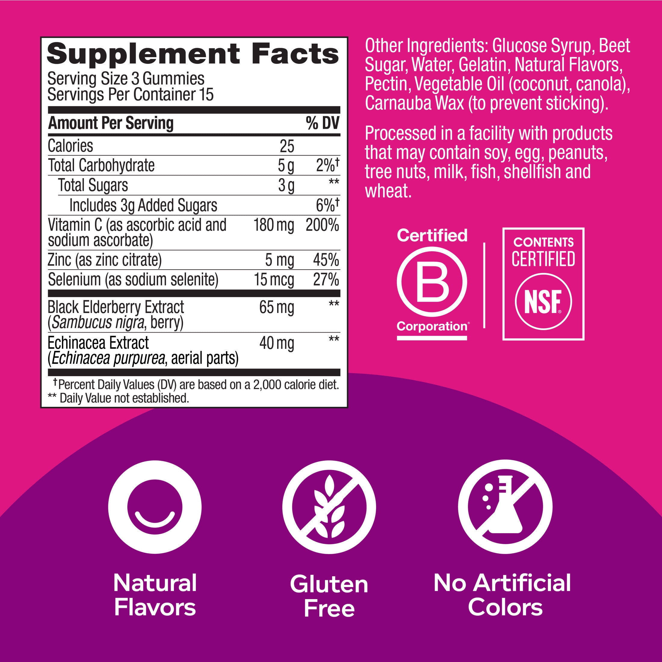 OLLY IMMUNITY GUMMY ELDERBERRY ZINC VITAMIN C SUPPORT SUPPLEMENT BERRY FLAVOR 45 COUNT