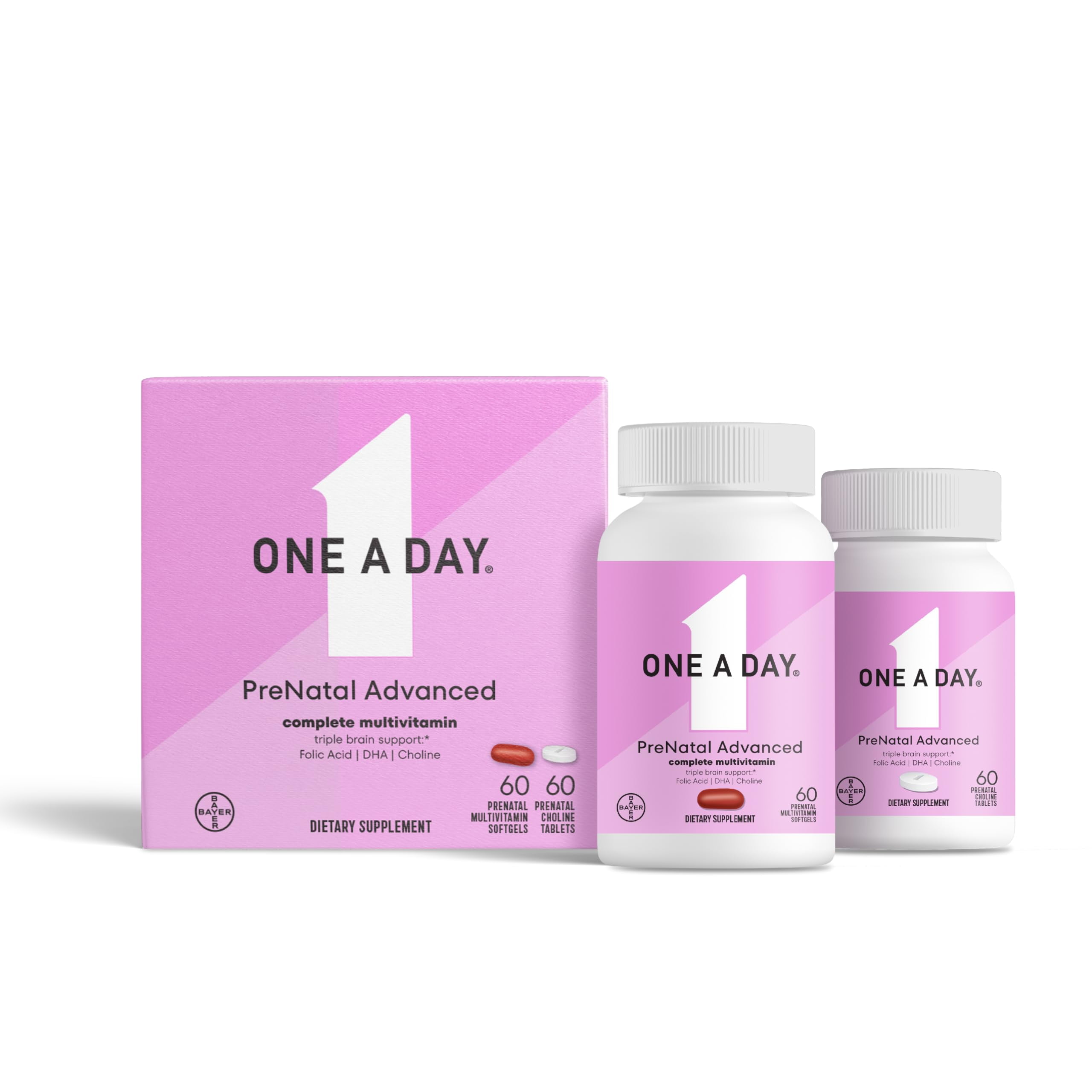 ONE A DAY  WOMEN'S PRENATAL ADVANCED MULTIVITAMIN WITH BRAIN SUPPORT CHOLINE FOLIC ACID OMEGA-3 DHA IRON FOR PREGNANCY 60+60 CT 120 TOTAL PACKAGING VARIES