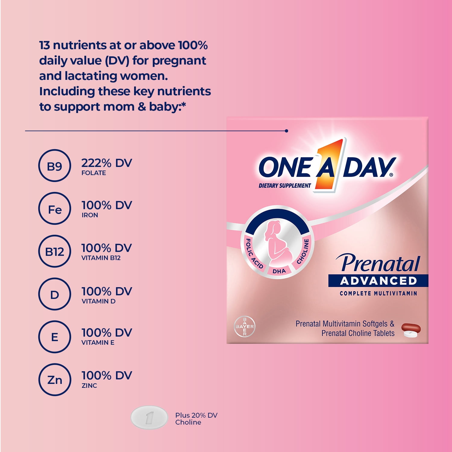 ONE A DAY ADVANCED PRENATAL MULTIVITAMIN WITH CHOLINE 30 PLUS 30 COUNT 2 PACK