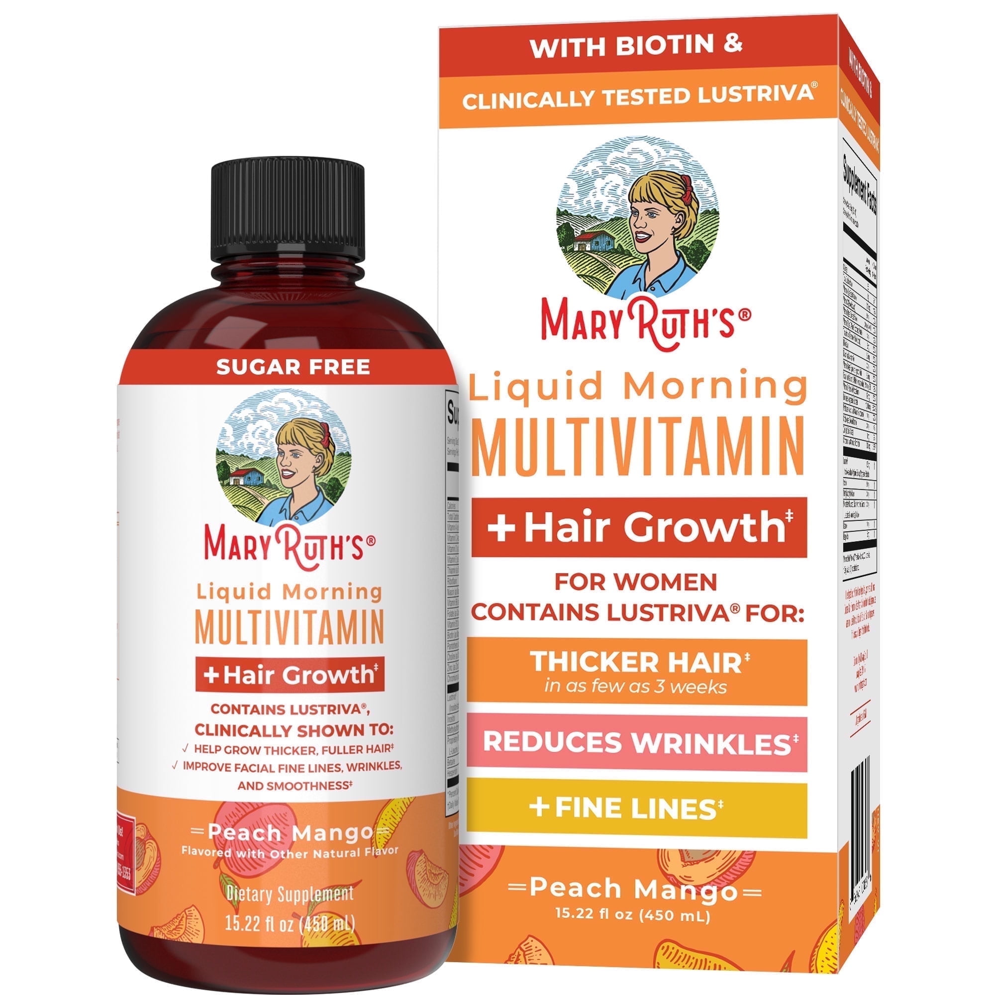 MARYRUTH'S LIQUID MULTIVITAMIN WITH LUSTRIVA® HAIR GROWTH FOR WOMEN | BIOTIN 10000MCG, VITAMIN D, B VITAMINS | THICKER HAIR, WRINKLES, FINE LINES, SKIN CARE | AGES 18+ | 15 FL OZ