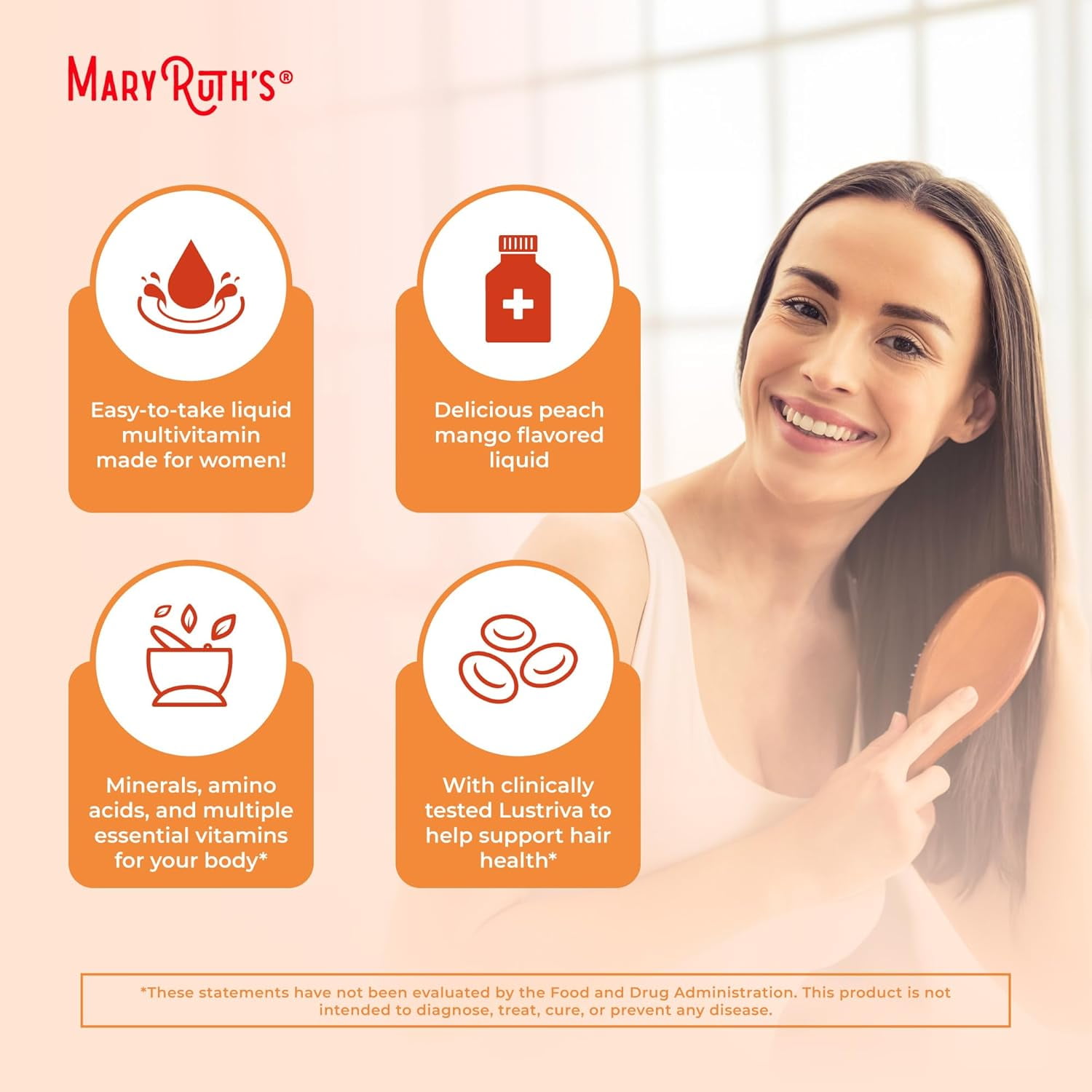 MARYRUTH'S LIQUID MULTIVITAMIN WITH LUSTRIVA® HAIR GROWTH FOR WOMEN | BIOTIN 10000MCG, VITAMIN D, B VITAMINS | THICKER HAIR, WRINKLES, FINE LINES, SKIN CARE | AGES 18+ | 15 FL OZ