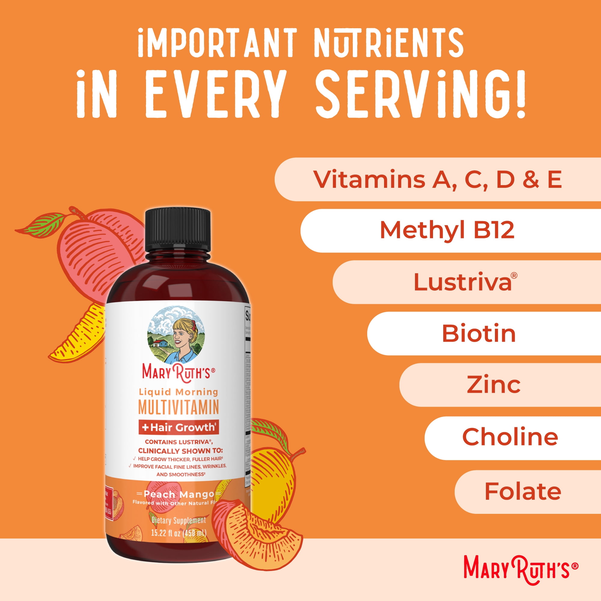 MARYRUTH'S LIQUID MULTIVITAMIN WITH LUSTRIVA® HAIR GROWTH FOR WOMEN | BIOTIN 10000MCG, VITAMIN D, B VITAMINS | THICKER HAIR, WRINKLES, FINE LINES, SKIN CARE | AGES 18+ | 15 FL OZ