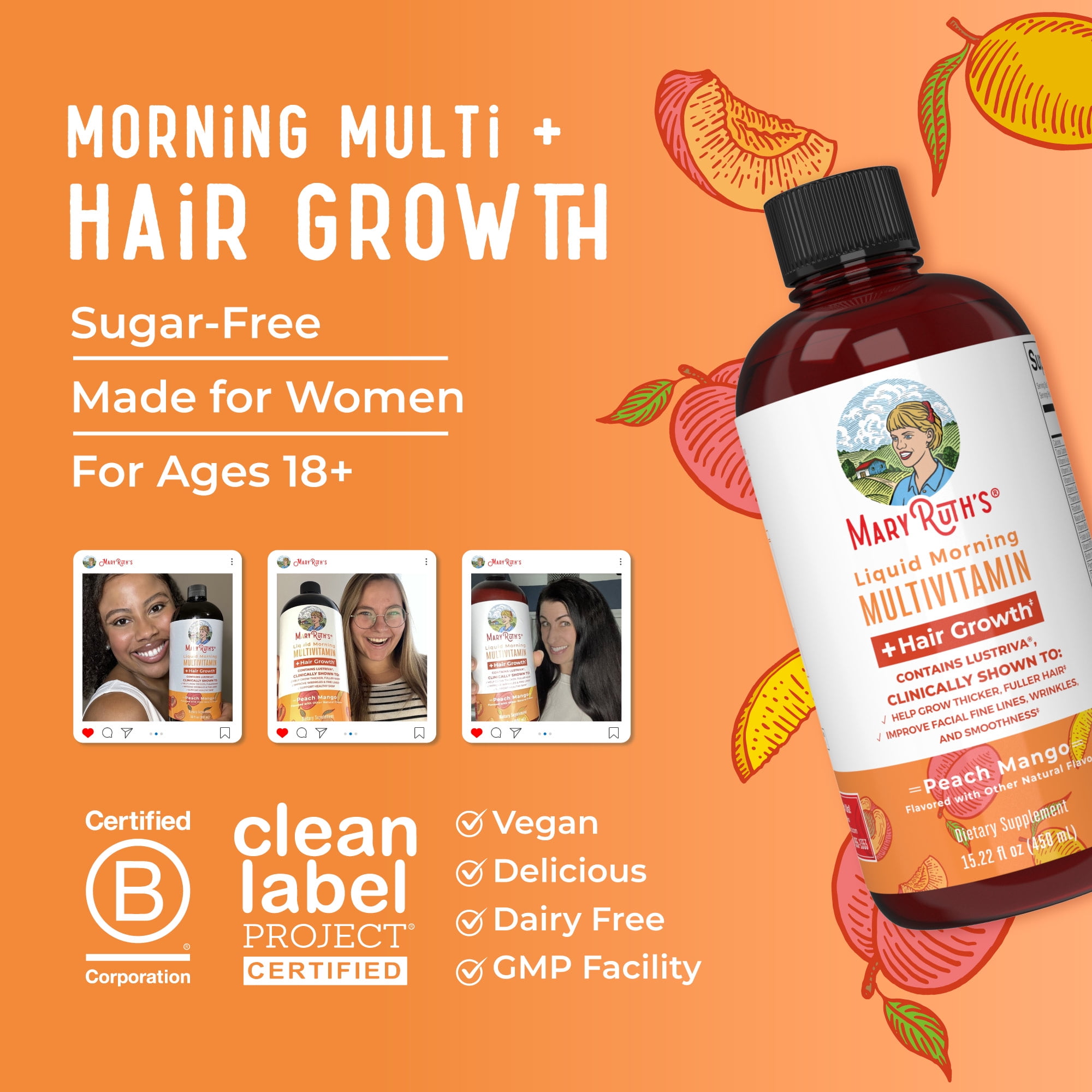 MARYRUTH'S LIQUID MULTIVITAMIN WITH LUSTRIVA® HAIR GROWTH FOR WOMEN | BIOTIN 10000MCG, VITAMIN D, B VITAMINS | THICKER HAIR, WRINKLES, FINE LINES, SKIN CARE | AGES 18+ | 15 FL OZ