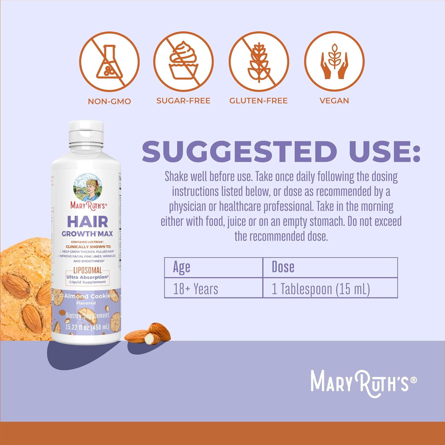 MARYRUTHS WOMENS HAIR GROWTH MAX LIPOSOMAL MULTIVITAMIN THICKER HAIR WRINKLES FINE LINES SKIN CARE AGES 18+ 15.22 FL OZ