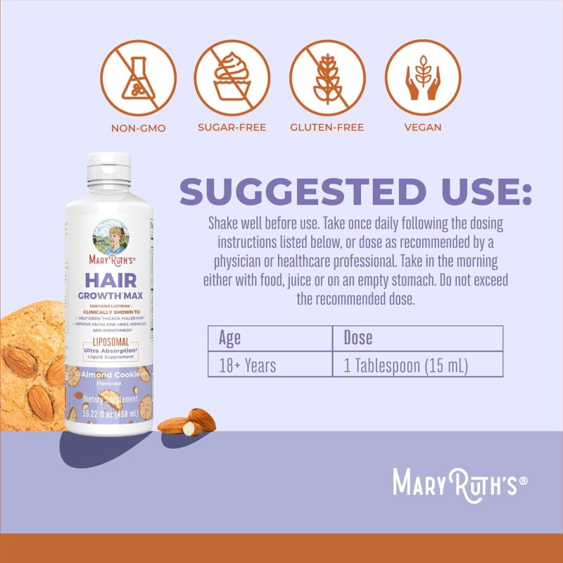 MARYRUTHS WOMENS HAIR GROWTH MAX LIPOSOMAL MULTIVITAMIN THICKER HAIR WRINKLES FINE LINES SKIN CARE AGES 18+ 15.22 FL OZ