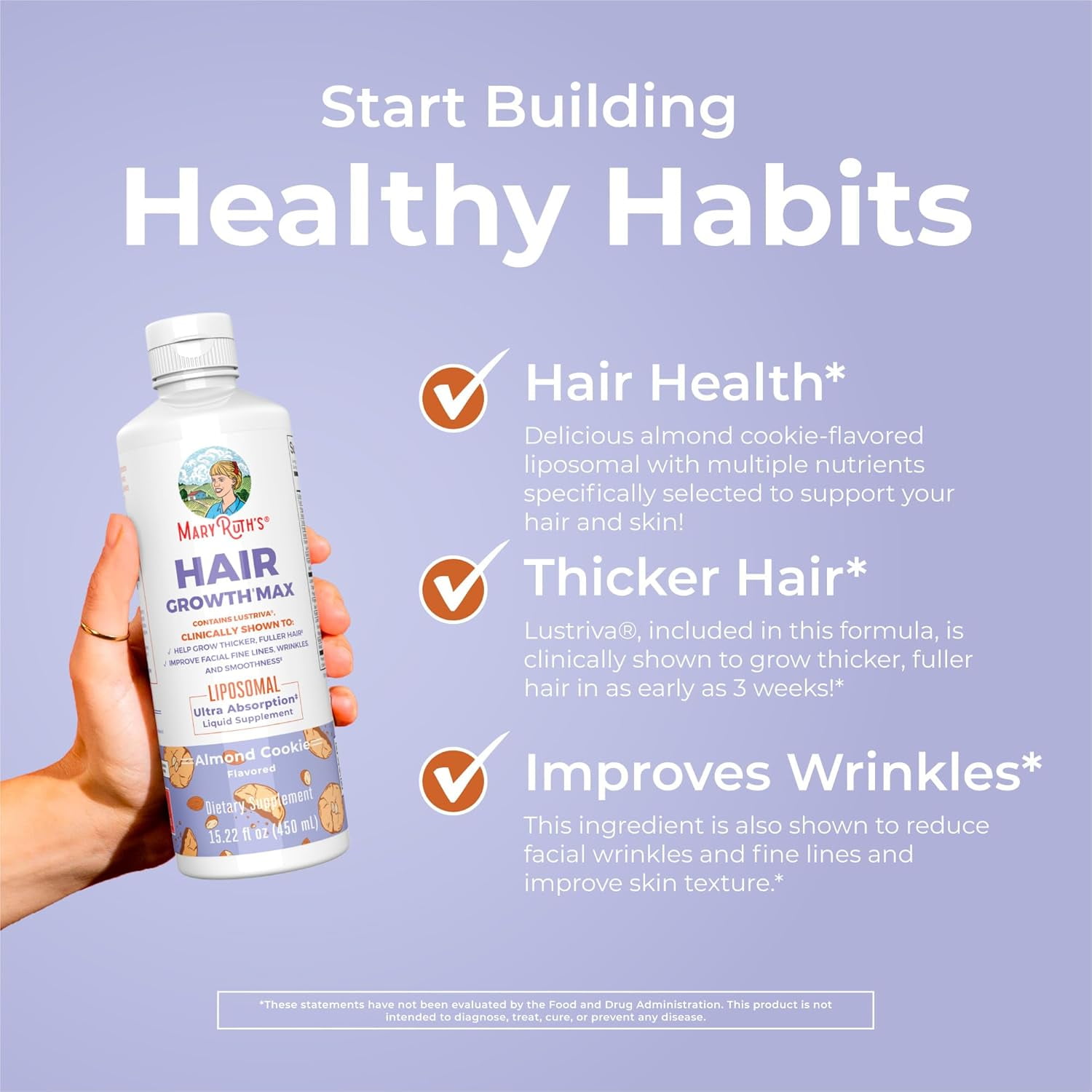 MARYRUTHS WOMENS HAIR GROWTH MAX LIPOSOMAL MULTIVITAMIN THICKER HAIR WRINKLES FINE LINES SKIN CARE AGES 18+ 15.22 FL OZ