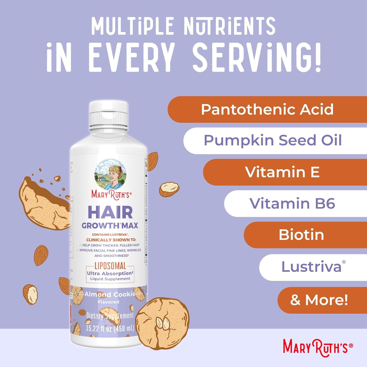 MARYRUTHS WOMENS HAIR GROWTH MAX LIPOSOMAL MULTIVITAMIN THICKER HAIR WRINKLES FINE LINES SKIN CARE AGES 18+ 15.22 FL OZ
