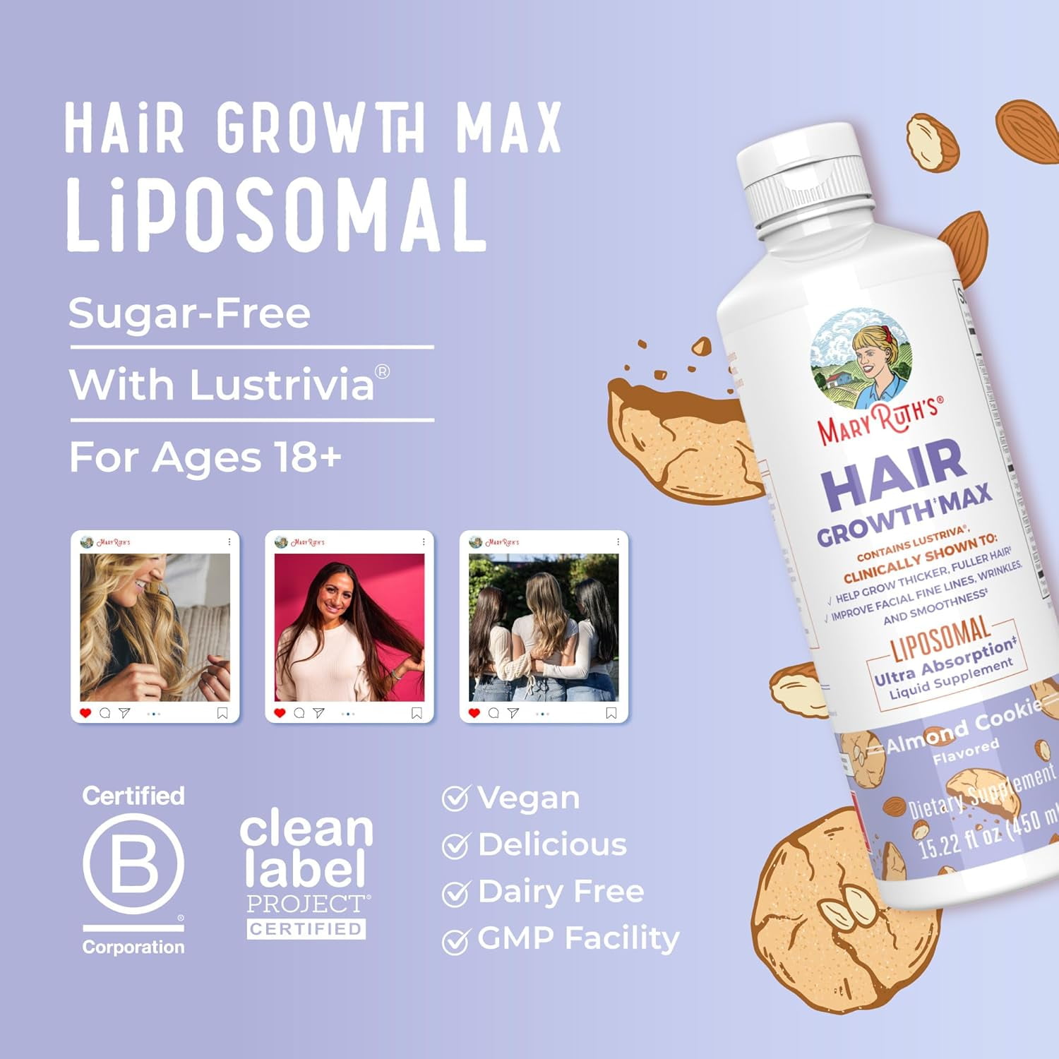 MARYRUTHS WOMENS HAIR GROWTH MAX LIPOSOMAL MULTIVITAMIN THICKER HAIR WRINKLES FINE LINES SKIN CARE AGES 18+ 15.22 FL OZ