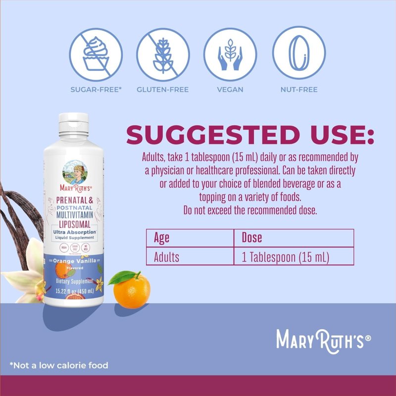 MARYRUTH ORGANICS PRENATAL POSTNATAL LIPOSOMAL MULTIVITAMIN WOMEN ORANGE VANILLA VEGAN NON-GMO 15.22OZ 450ML