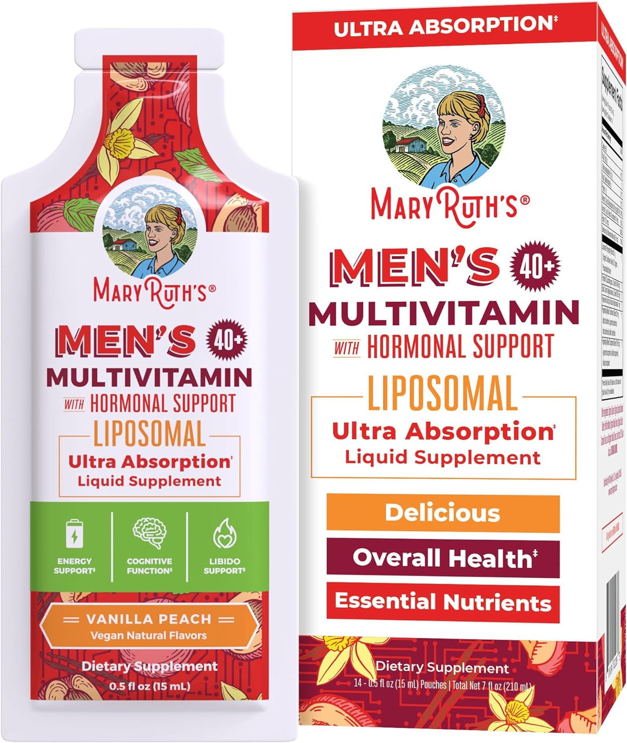 MARYRUTH'S MEN'S 40 PLUS MULTIVITAMIN LIPOSOMAL VANILLA PEACH 0.5 OZ 14 PACK
