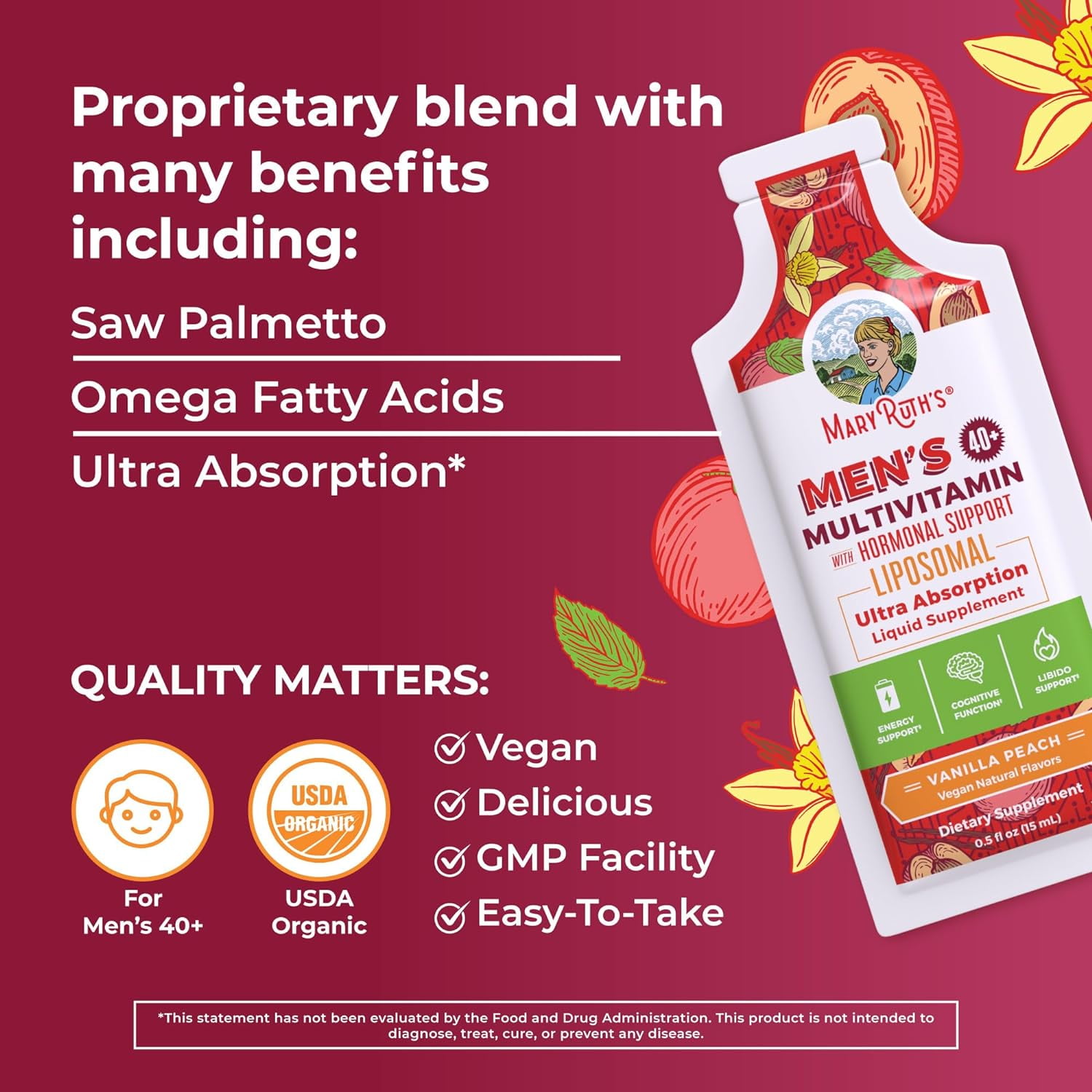 MARYRUTH'S MEN'S 40 PLUS MULTIVITAMIN LIPOSOMAL VANILLA PEACH 0.5 OZ 14 PACK