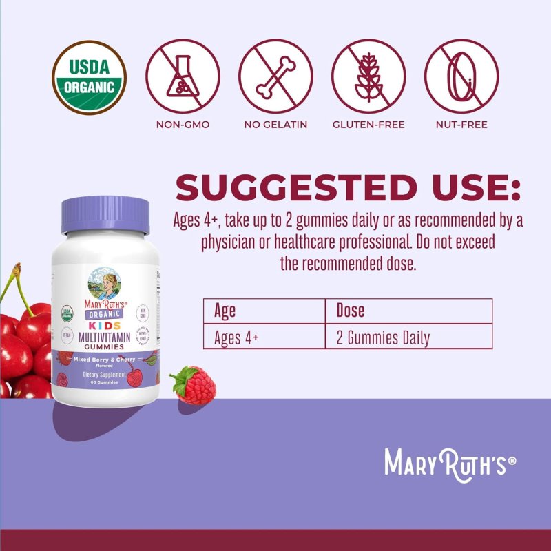 MARYRUTH ORGANICS KIDS MULTIVITAMIN GUMMIES 60 COUNT FOR AGES 2+ - VEGAN, 1-MONTH SUPPLY - ONLY 2