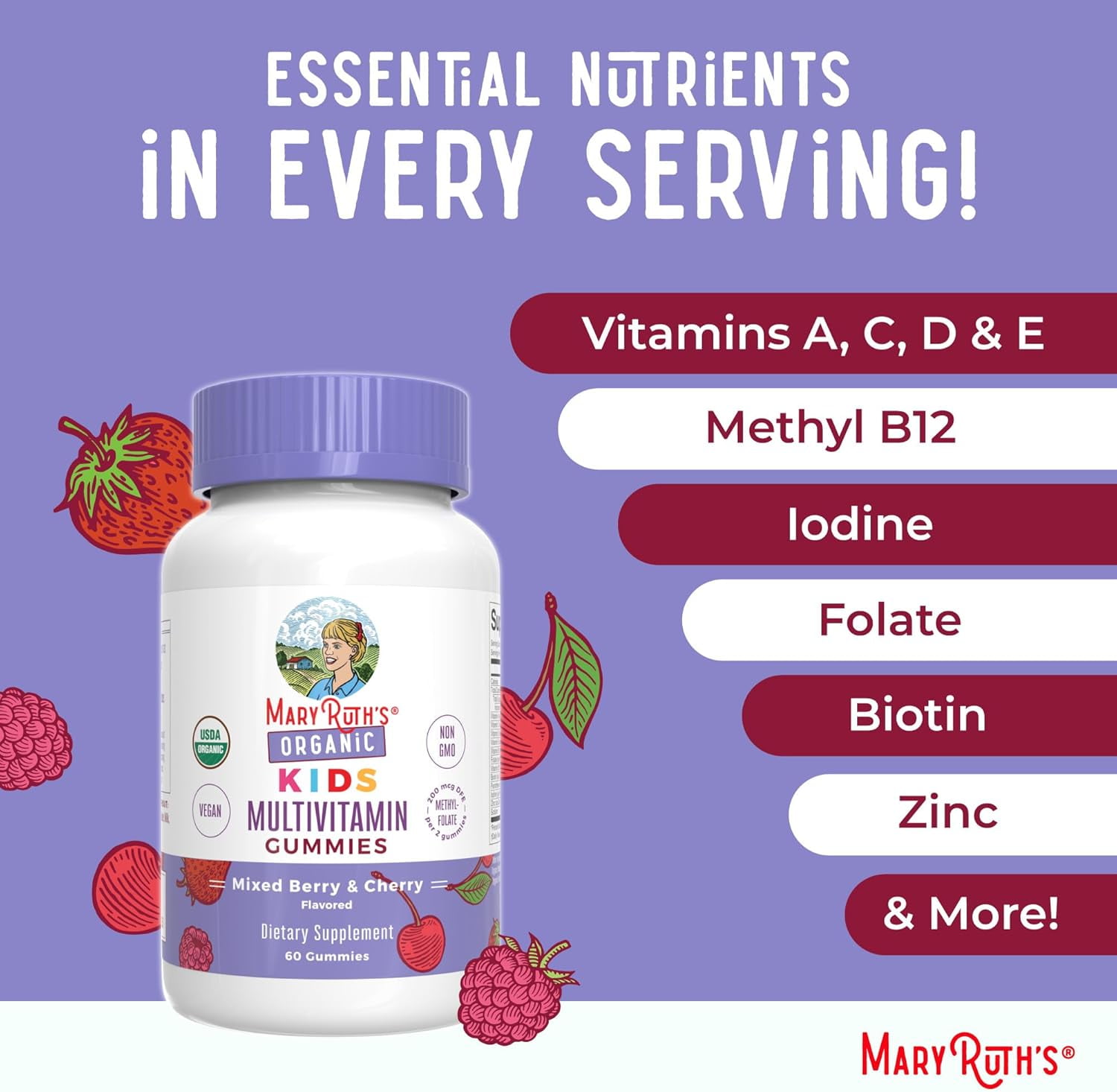 MARYRUTH ORGANICS KIDS MULTIVITAMIN GUMMIES 60 COUNT FOR AGES 2+ - VEGAN, 1-MONTH SUPPLY - ONLY 2
