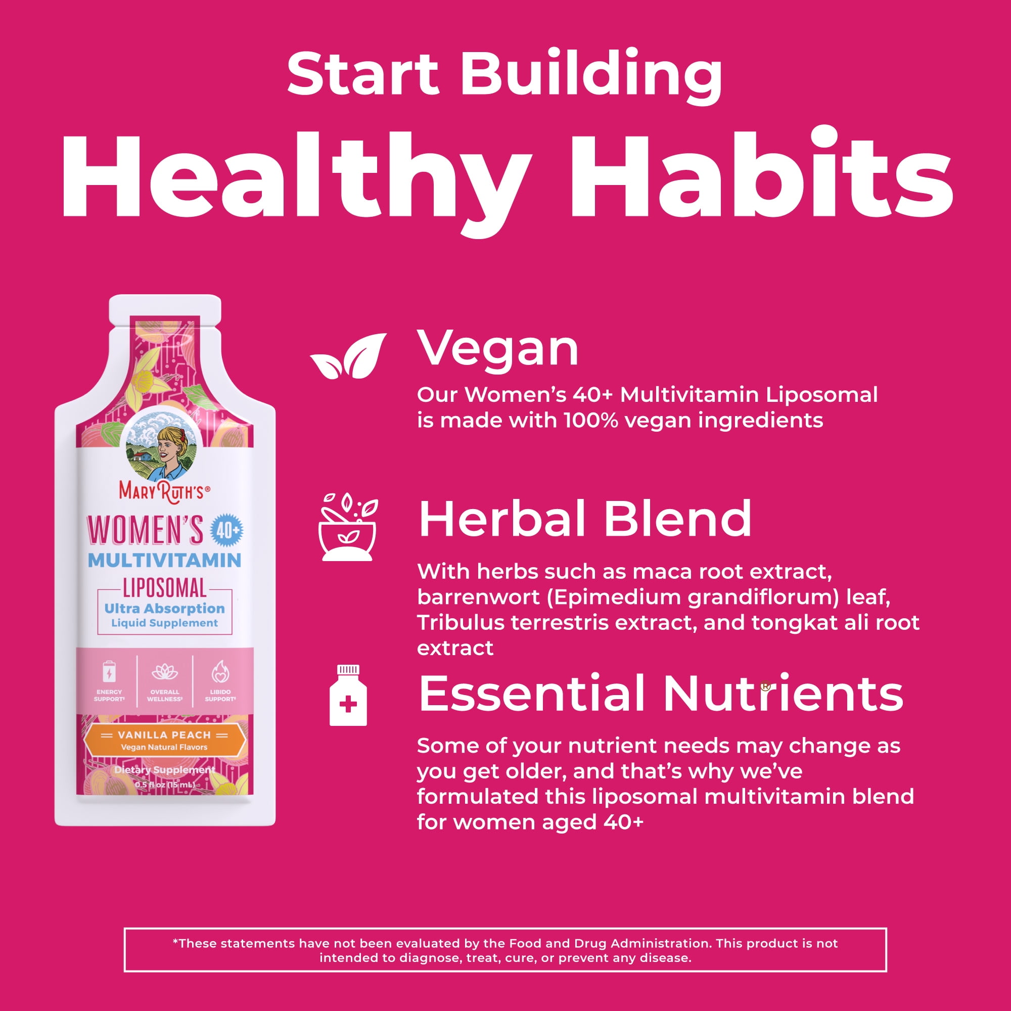 MARYRUTH'S 40+ WOMEN VITAMIN | SUGAR FREE LIQUID MULTIVITAMIN | IMMUNE SUPPORT, MOOD BALANCE | VEGAN NON-GMO | 14-0.5 FL OZ POUCHES