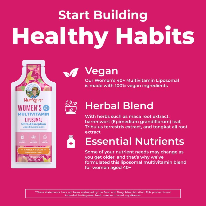 MARYRUTH'S 40+ WOMEN VITAMIN | SUGAR FREE LIQUID MULTIVITAMIN | IMMUNE SUPPORT, MOOD BALANCE | VEGAN NON-GMO | 14-0.5 FL OZ POUCHES