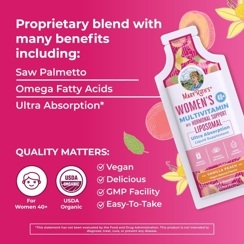 MARYRUTH'S 40+ WOMEN VITAMIN | SUGAR FREE LIQUID MULTIVITAMIN | IMMUNE SUPPORT, MOOD BALANCE | VEGAN NON-GMO | 14-0.5 FL OZ POUCHES