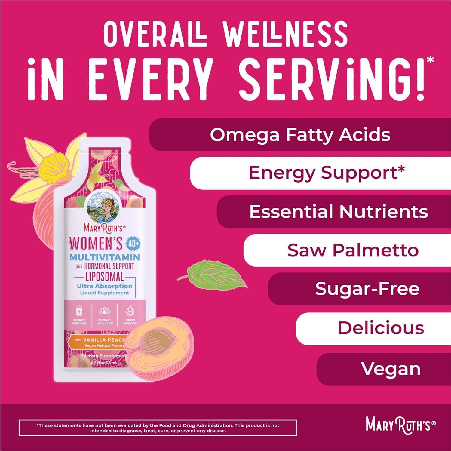 MARYRUTH'S 40+ WOMEN VITAMIN | SUGAR FREE LIQUID MULTIVITAMIN | IMMUNE SUPPORT, MOOD BALANCE | VEGAN NON-GMO | 14-0.5 FL OZ POUCHES