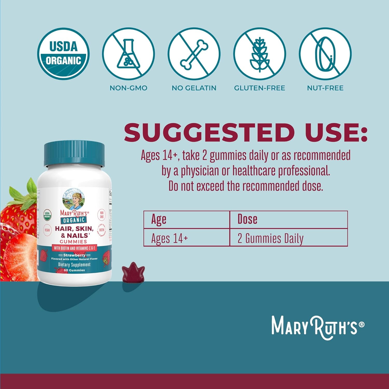 MARYRUTH ORGANICS HAIR SKIN AND NAILS VITAMIN BIOTIN GUMMIES WITH VITAMIN C AND VITAMIN E HAIR GROWTH VITAMINS SKIN CARE NAIL STRENGTH USDA ORGANIC GUMMIES FOR AGES 14+ 60 COUNT
