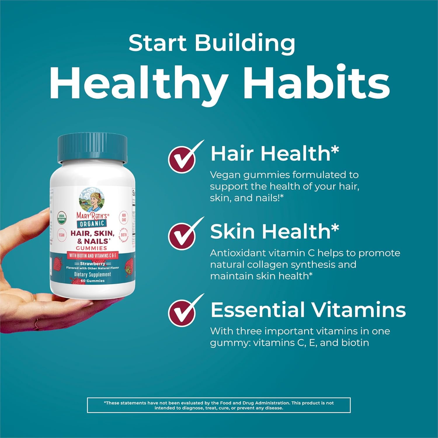 MARYRUTH ORGANICS HAIR SKIN AND NAILS VITAMIN BIOTIN GUMMIES WITH VITAMIN C AND VITAMIN E HAIR GROWTH VITAMINS SKIN CARE NAIL STRENGTH USDA ORGANIC GUMMIES FOR AGES 14+ 60 COUNT
