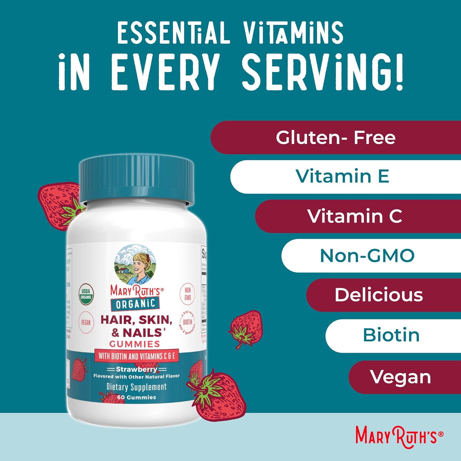 MARYRUTH ORGANICS HAIR SKIN AND NAILS VITAMIN BIOTIN GUMMIES WITH VITAMIN C AND VITAMIN E HAIR GROWTH VITAMINS SKIN CARE NAIL STRENGTH USDA ORGANIC GUMMIES FOR AGES 14+ 60 COUNT