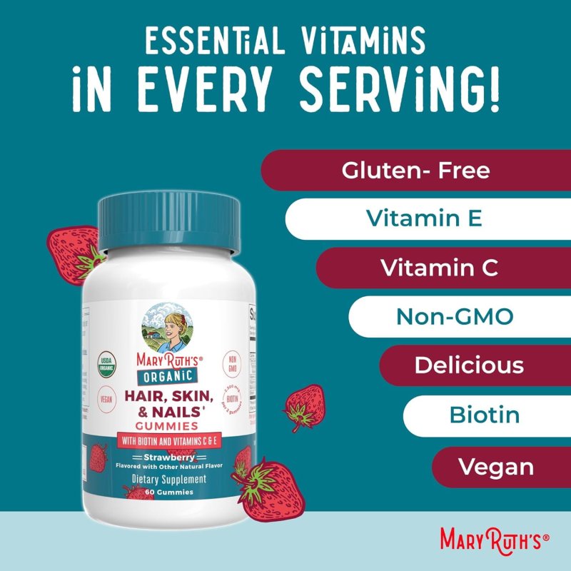 MARYRUTH ORGANICS HAIR SKIN AND NAILS VITAMIN BIOTIN GUMMIES WITH VITAMIN C AND VITAMIN E HAIR GROWTH VITAMINS SKIN CARE NAIL STRENGTH USDA ORGANIC GUMMIES FOR AGES 14+ 60 COUNT