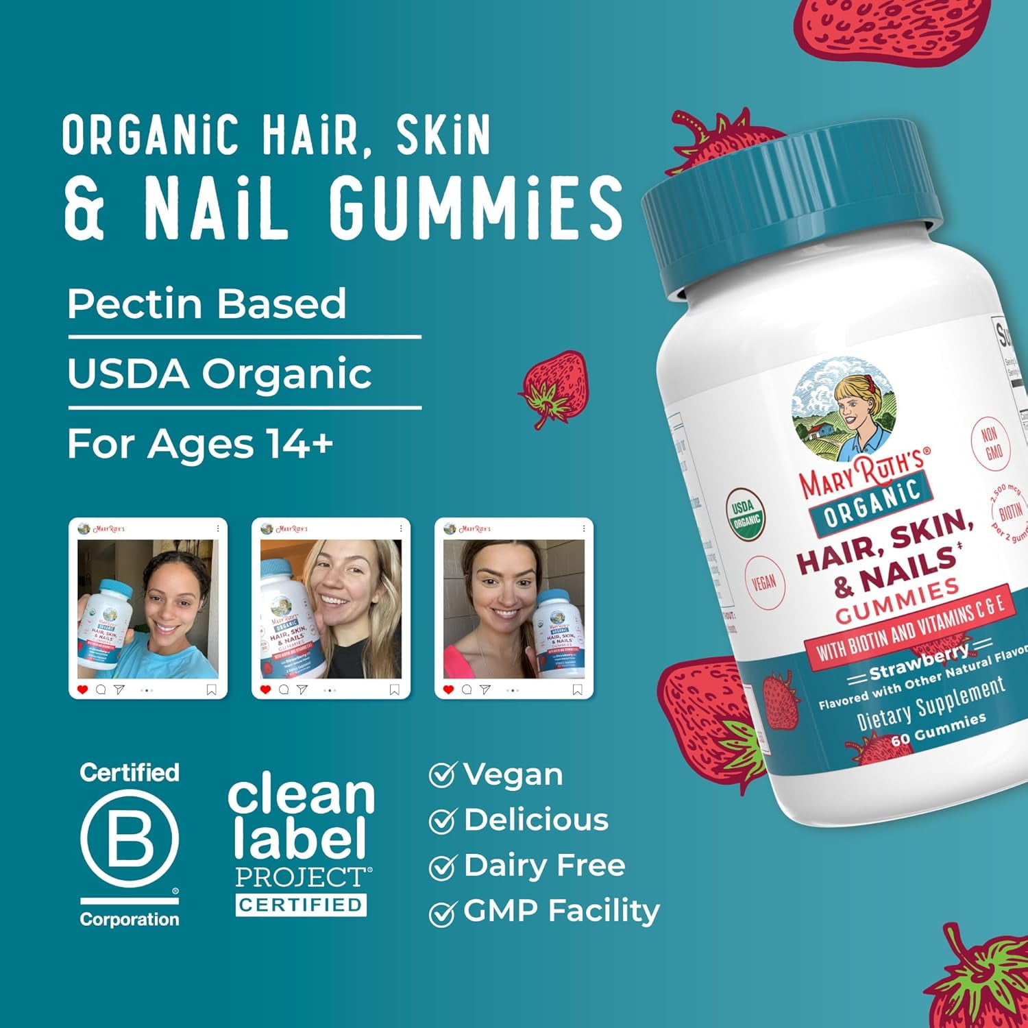 MARYRUTH ORGANICS HAIR SKIN AND NAILS VITAMIN BIOTIN GUMMIES WITH VITAMIN C AND VITAMIN E HAIR GROWTH VITAMINS SKIN CARE NAIL STRENGTH USDA ORGANIC GUMMIES FOR AGES 14+ 60 COUNT