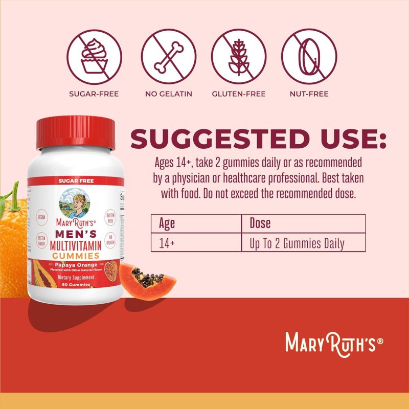 MARYRUTH ORGANICS MEN'S MULTIVITAMIN GUMMIES PAPAYA ORANGE 60 GUMMIES CLEAN LABEL PROJECT VERIFIED FOR OVERALL WELLNESS