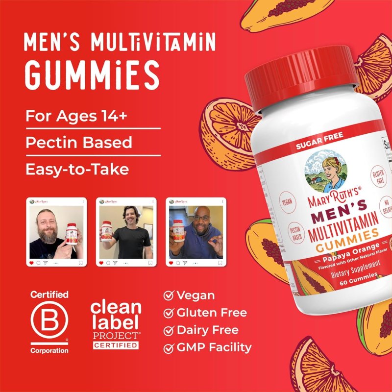 MARYRUTH ORGANICS MEN'S MULTIVITAMIN GUMMIES PAPAYA ORANGE 60 GUMMIES CLEAN LABEL PROJECT VERIFIED FOR OVERALL WELLNESS