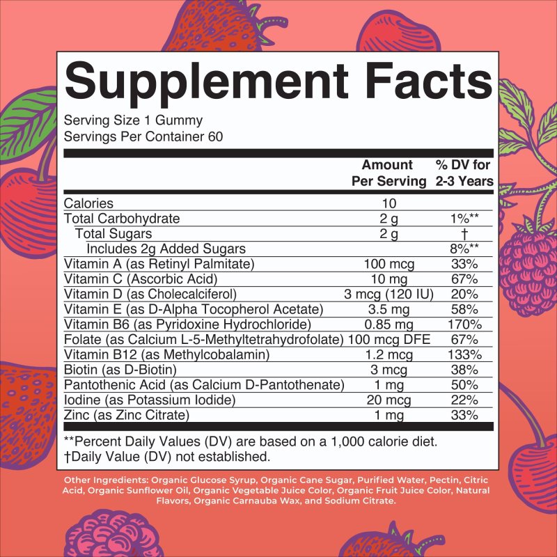 MARYRUTHS TODDLER ORGANIC MULTIVITAMIN GUMMIES MIXED BERRY CHERRY 60 COUNT OVERALL WELLNESS CLEAN LABEL PROJECT CERTIFIED