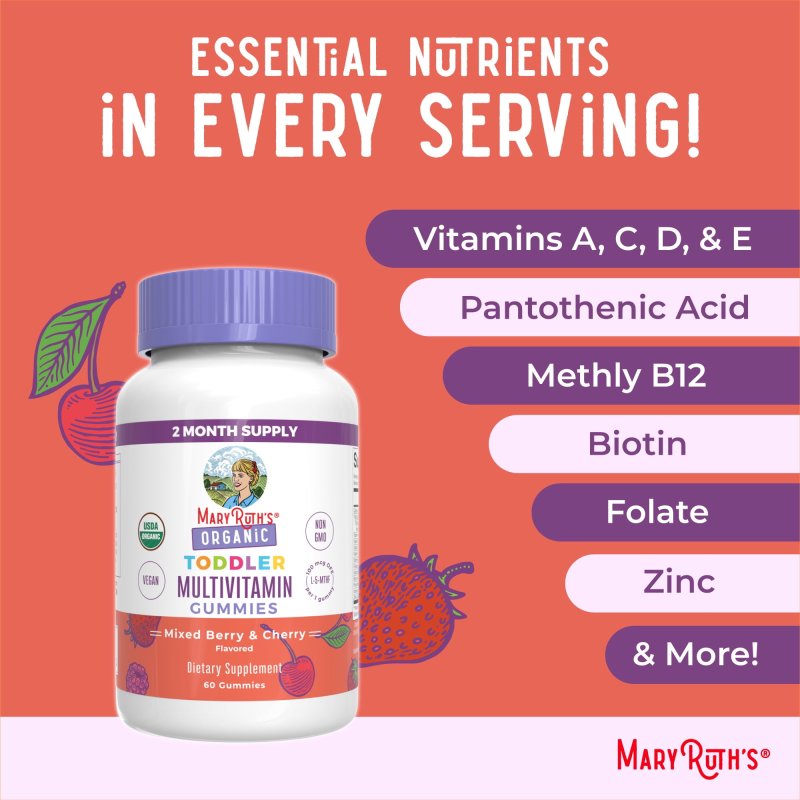 MARYRUTHS TODDLER ORGANIC MULTIVITAMIN GUMMIES MIXED BERRY CHERRY 60 COUNT OVERALL WELLNESS CLEAN LABEL PROJECT CERTIFIED