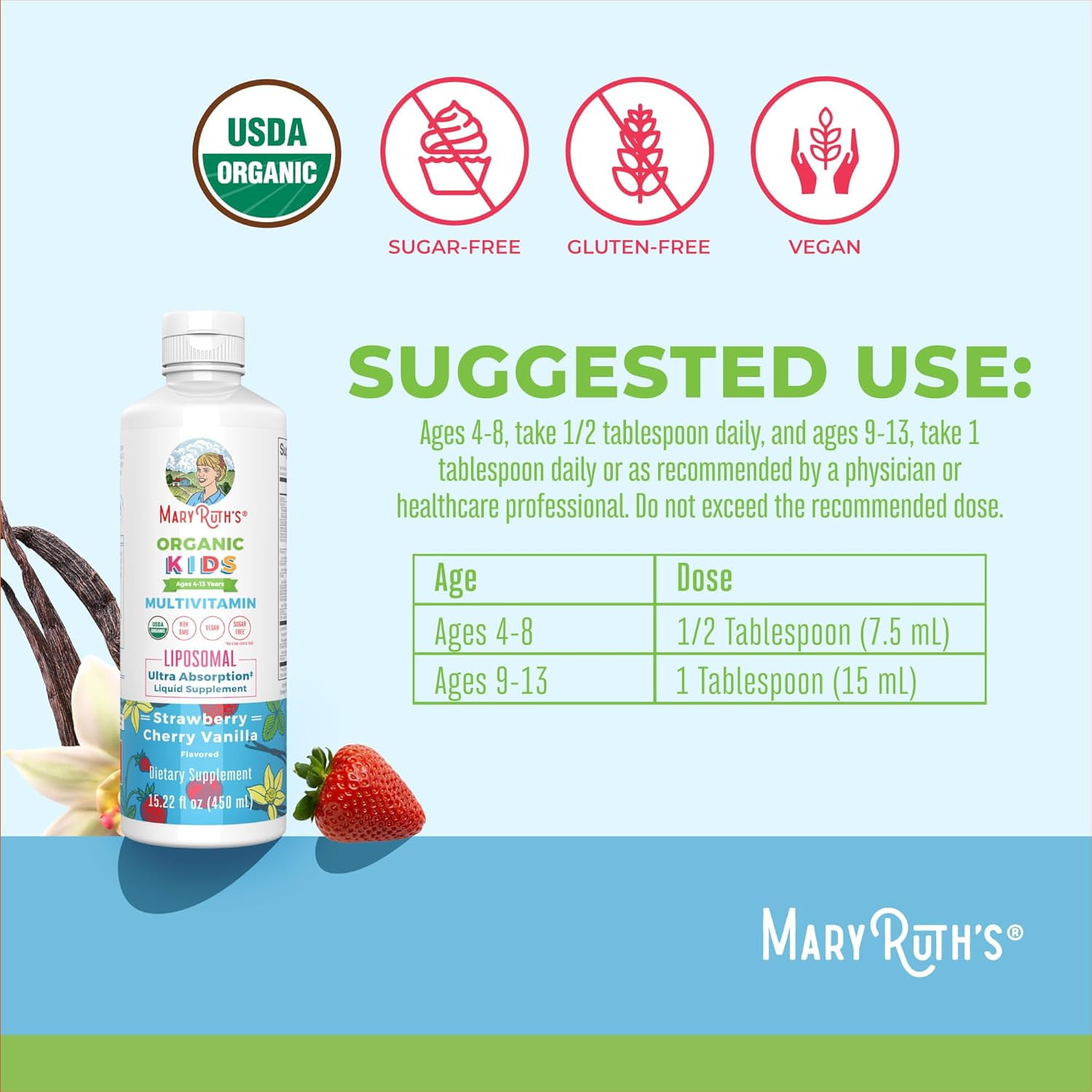 MARYRUTH ORGANICS KIDS MULTIVITAMIN GUMMIES FOR AGES 2+ SUGAR FREE 2 MONTH SUPPLY VEGAN 60 COUNT