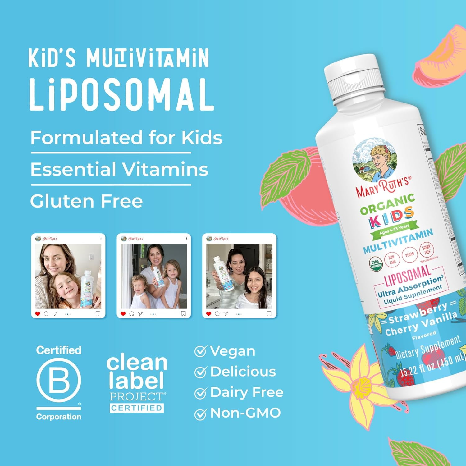 MARYRUTH ORGANICS KIDS MULTIVITAMIN GUMMIES FOR AGES 2+ SUGAR FREE 2 MONTH SUPPLY VEGAN 60 COUNT