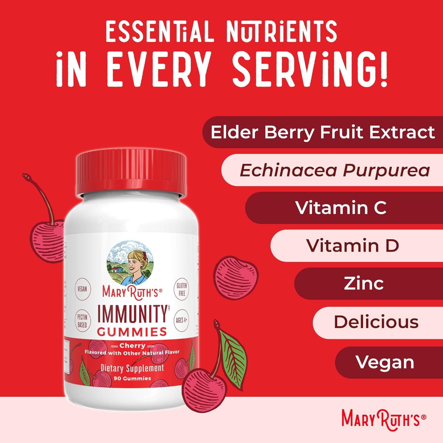 MARYRUTH ELDERBERRY IMMUNE SUPPORT GUMMIES FOR ADULTS & KIDS WITH ECHINACEA VITAMIN C D VEGAN NON-GMO CHERRY FLAVORED 90 GUMMIES