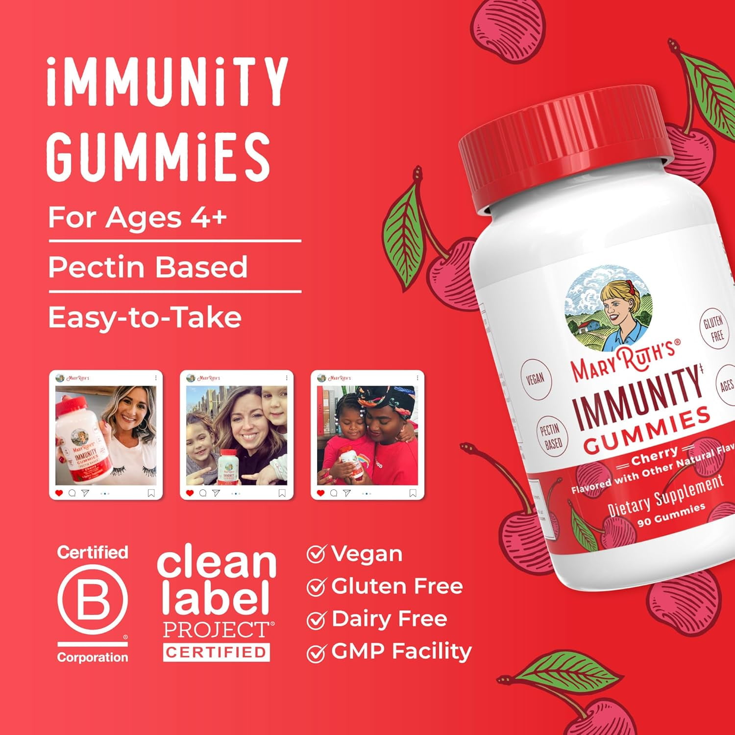 MARYRUTH ELDERBERRY IMMUNE SUPPORT GUMMIES FOR ADULTS & KIDS WITH ECHINACEA VITAMIN C D VEGAN NON-GMO CHERRY FLAVORED 90 GUMMIES