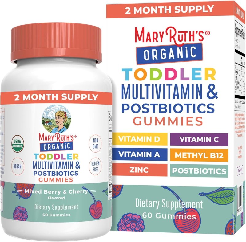 MARYRUTH ORGANICS MULTIVITAMIN GUMMIES POSTBIOTICS AGES 2-3 IMMUNE SUPPORT ORGANIC VEGAN NON-GMO MIXED BERRY CHERRY 60 COUNT