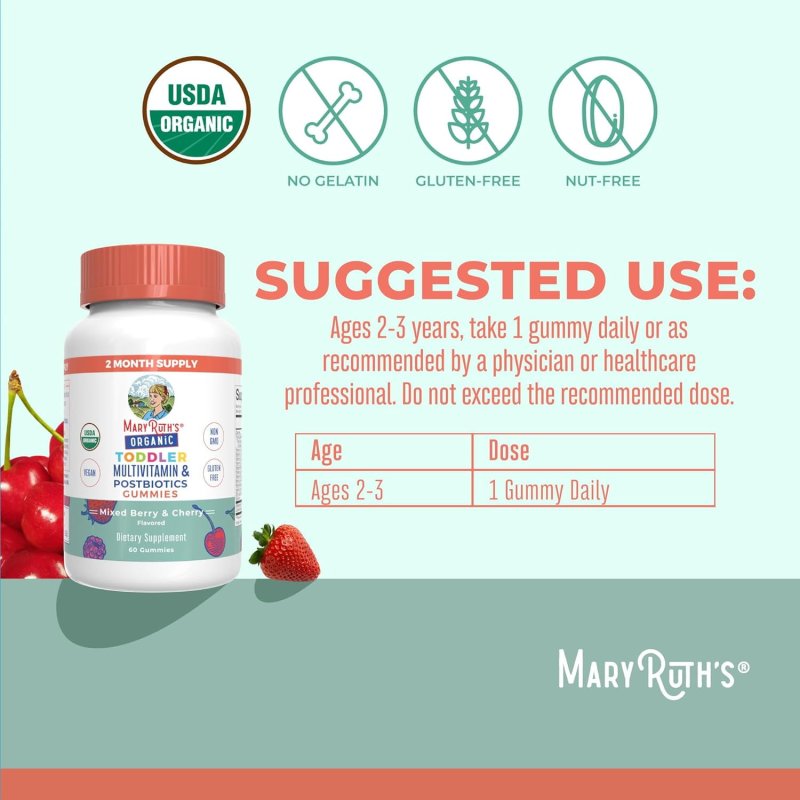 MARYRUTH ORGANICS MULTIVITAMIN GUMMIES POSTBIOTICS AGES 2-3 IMMUNE SUPPORT ORGANIC VEGAN NON-GMO MIXED BERRY CHERRY 60 COUNT