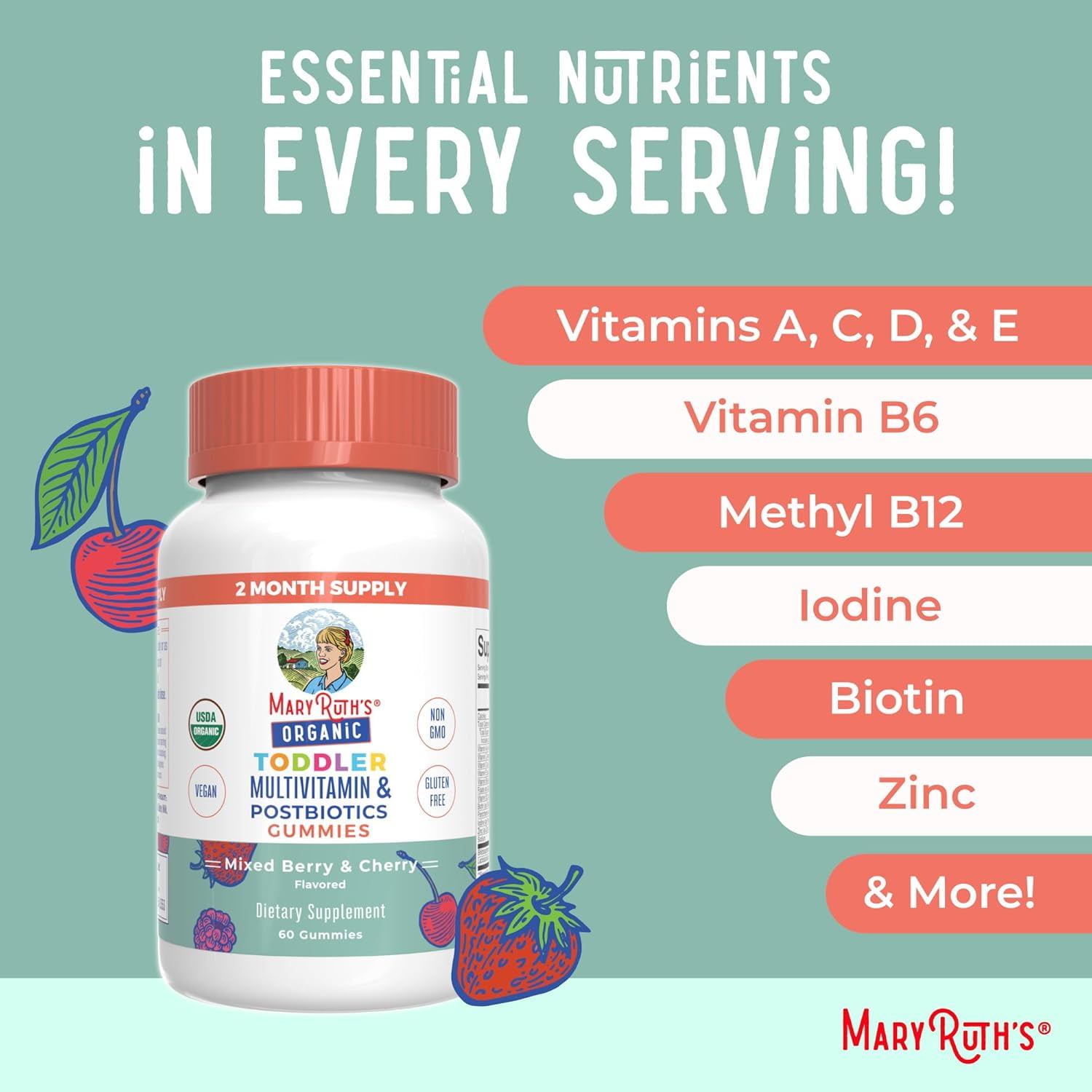 MARYRUTH ORGANICS MULTIVITAMIN GUMMIES POSTBIOTICS AGES 2-3 IMMUNE SUPPORT ORGANIC VEGAN NON-GMO MIXED BERRY CHERRY 60 COUNT