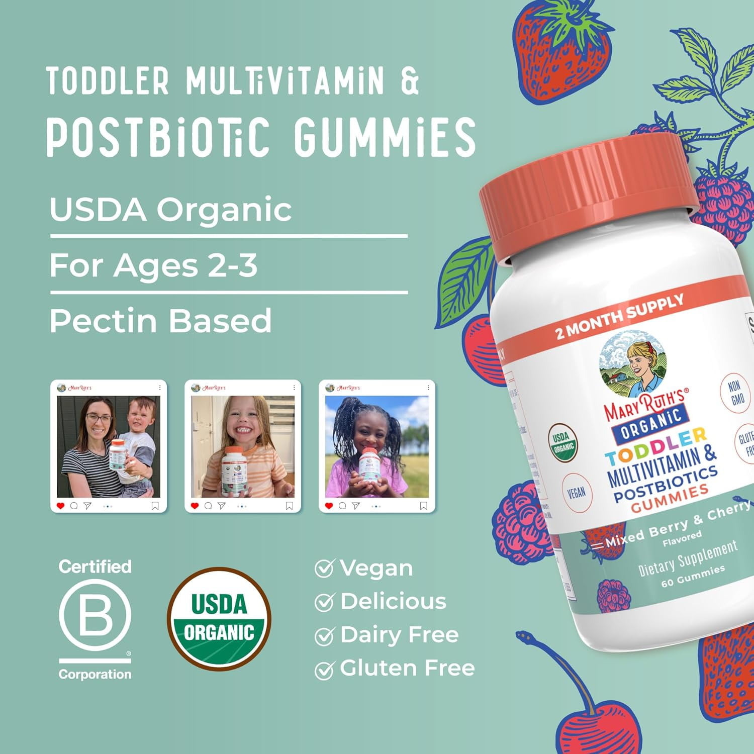 MARYRUTH ORGANICS MULTIVITAMIN GUMMIES POSTBIOTICS AGES 2-3 IMMUNE SUPPORT ORGANIC VEGAN NON-GMO MIXED BERRY CHERRY 60 COUNT