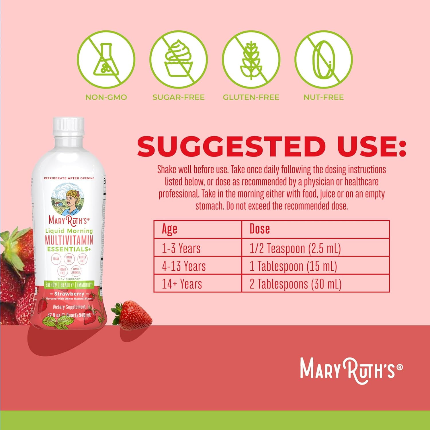 MARYRUTH ORGANICS MORNING LIQUID MULTIVITAMIN IMMUNE SUPPORT STRAWBERRY NO ADDED SUGAR 32 FL OZ 946ML